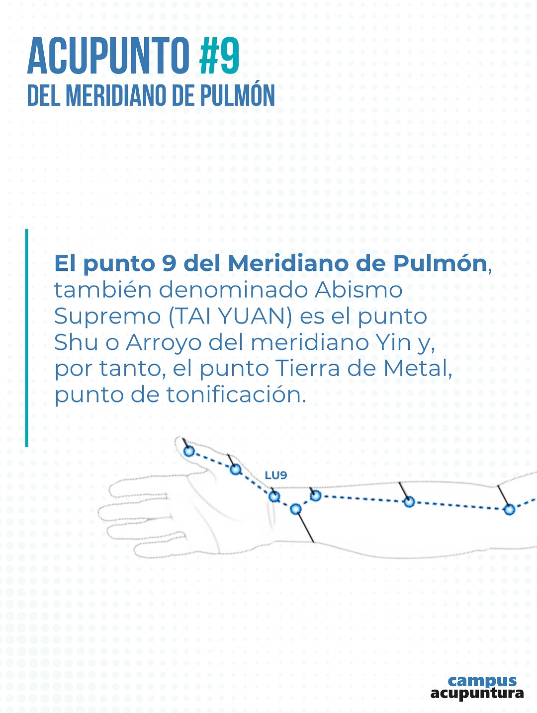 El punto 9 del Meridiano de Pulmón también denominado Abismo Supremo (TAI YUAN) es el punto Shu o Arroyo del meridiano Yin El punto 9 del Meridiano de Pulmón también denominado Abismo Supremo (TAI YUAN) es el punto Shu o Arroyo del meridiano Yin